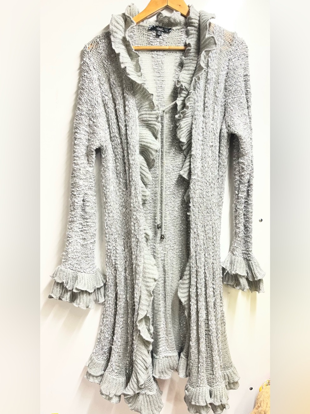 VTG 90s Slonl longline cardigan sweater in a silver grey ruffles wool XL